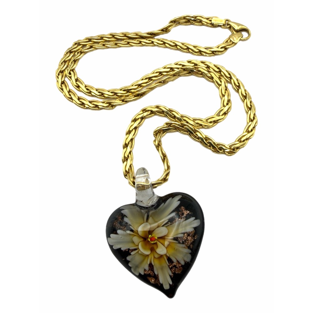 Vintage Murano Style Glass Heart Floral Pendant Gold Tone Wheat Chain Necklace